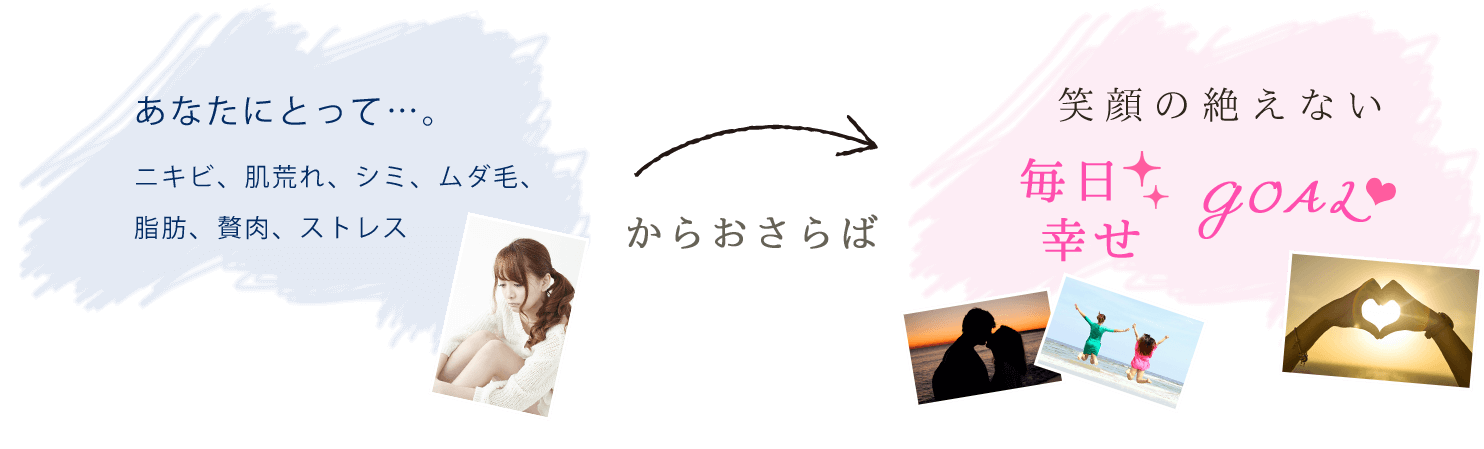 ニキビ、肌荒れ、シミ、ムダ毛、脂肪、贅肉、ストレスからおさらば!